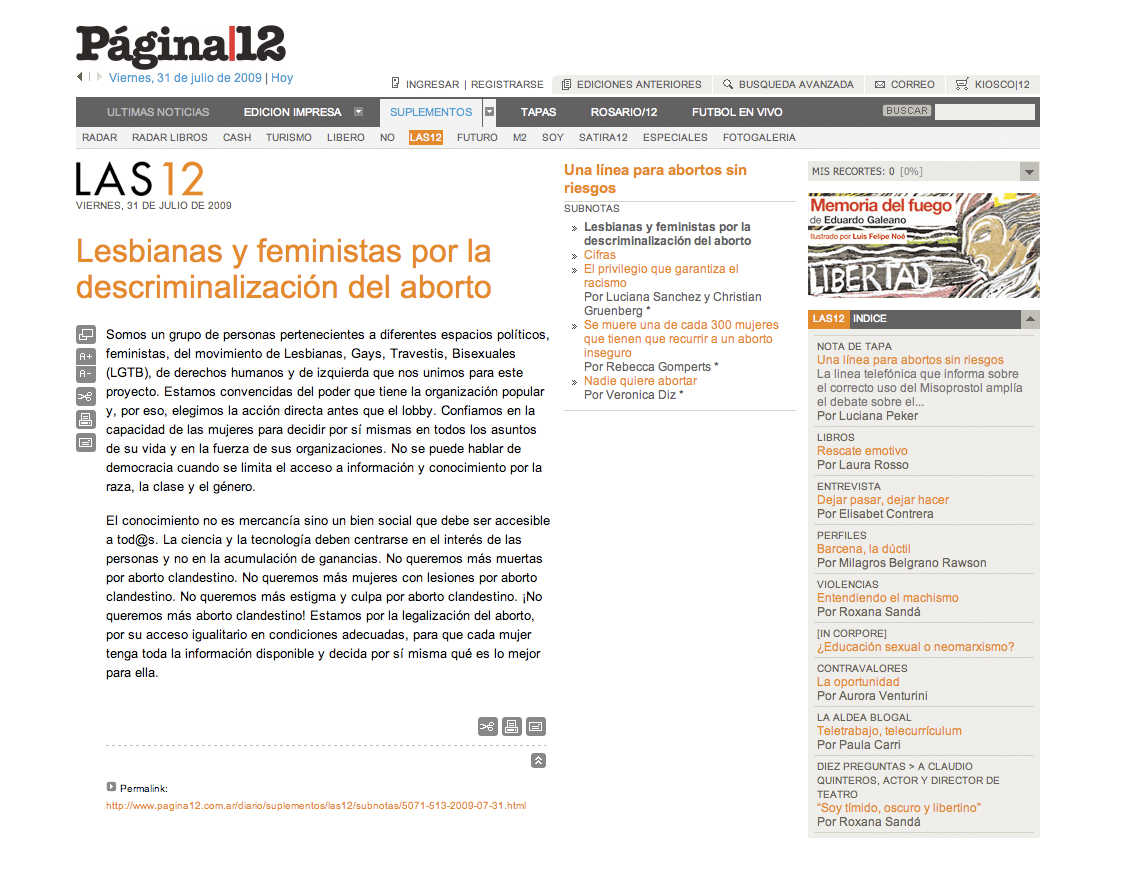 Pagina 12, Lesbianas y Feministas por la Descriminalización del aborto