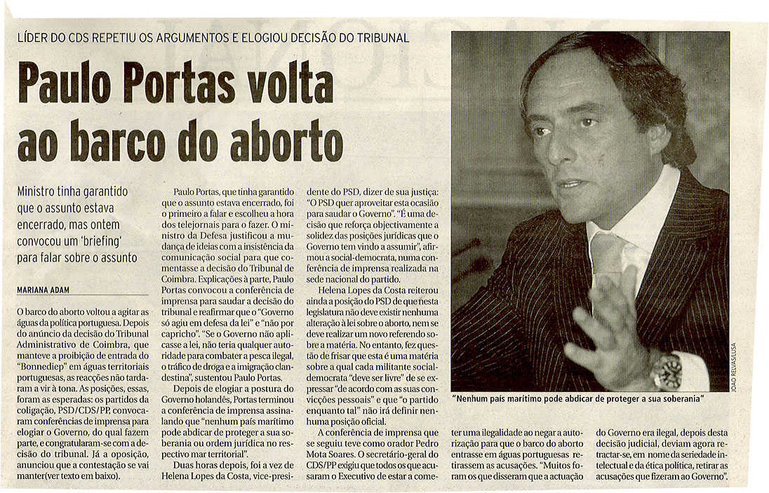 Paulo Portas volta ao barco do aborto