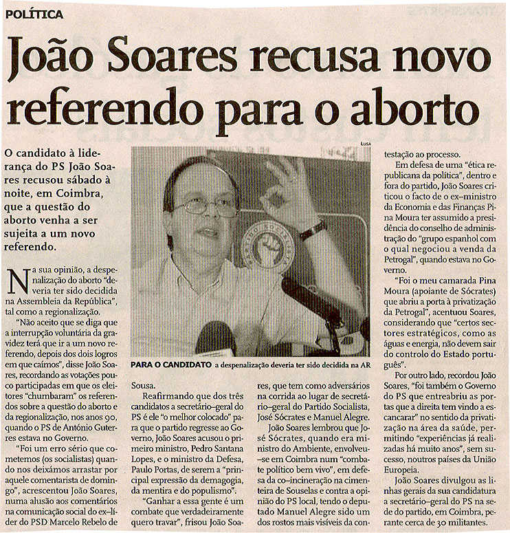 João Soares recusa novo referendo para o aborta