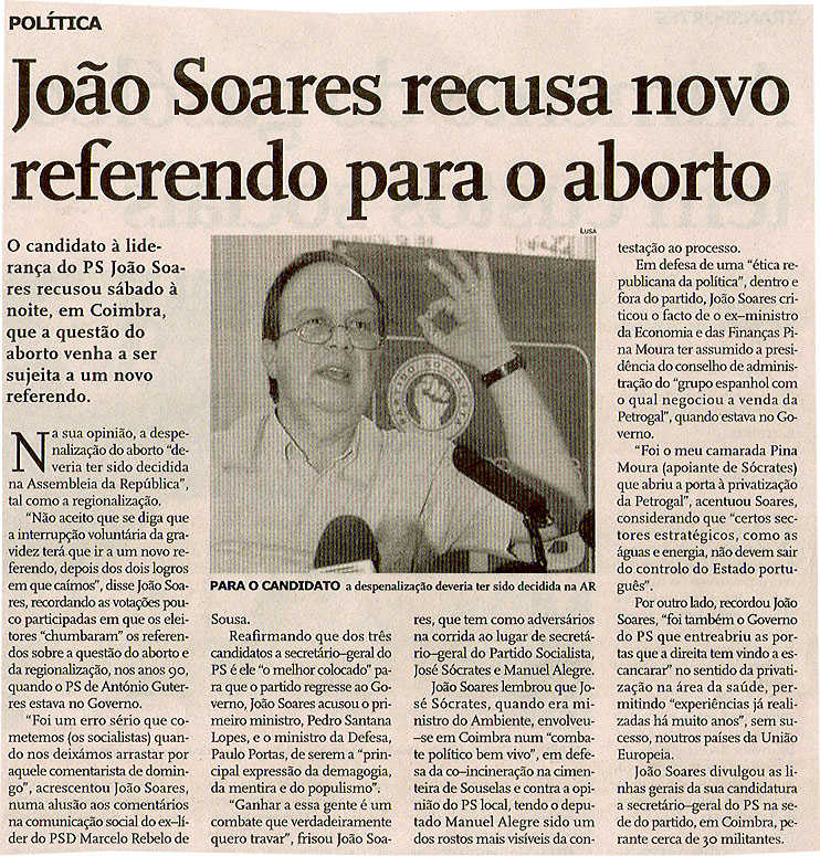 João Soares recusa novo referendo para o aborta