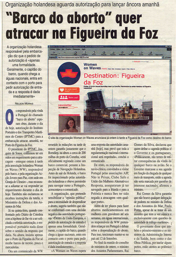 "Barco do aborto" quer atracar na Figueira da Foz