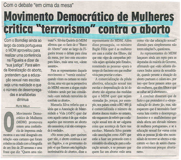 Movimento Democrático de Mulheres critica "terrorismo" contra oo aborto