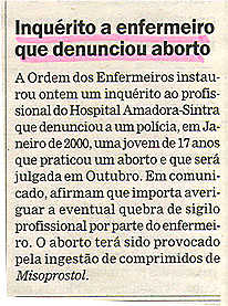 Inquérito a enfermeiro que denunciou aborto