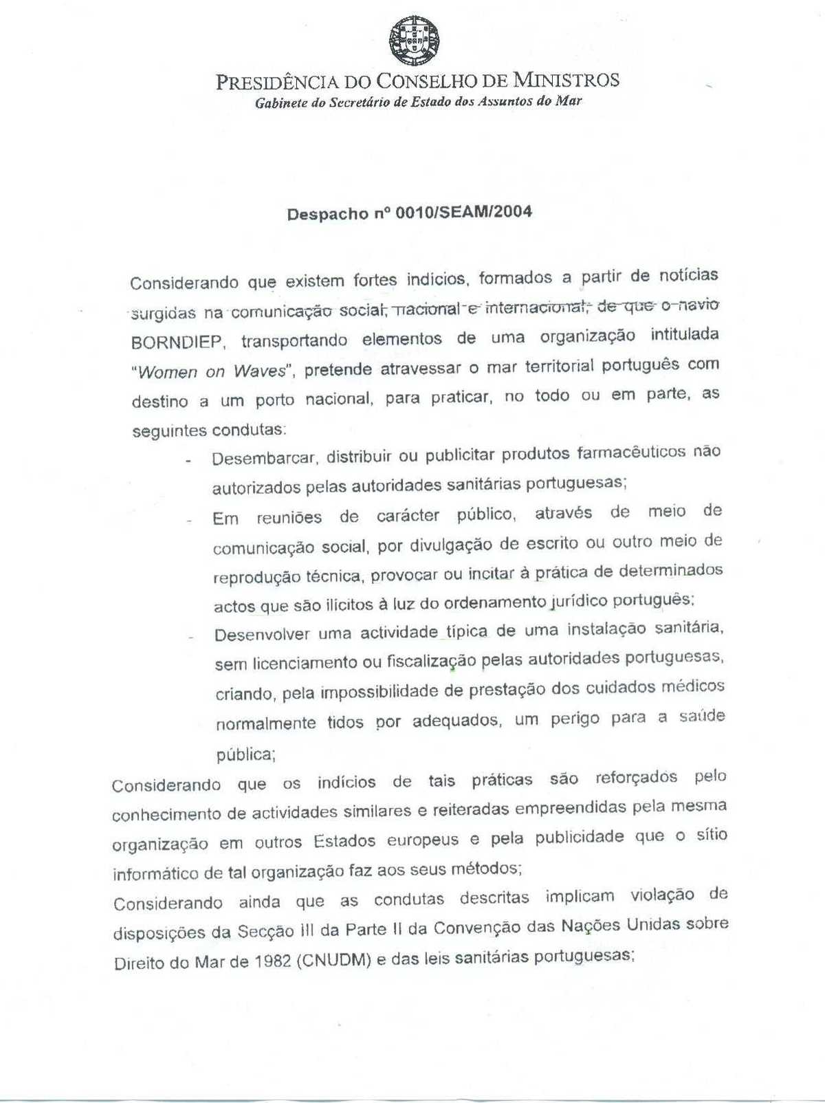 Statement nr. 0010/SEAM/2004 from the Presidency of the Council of Ministers of Portugal. page 1