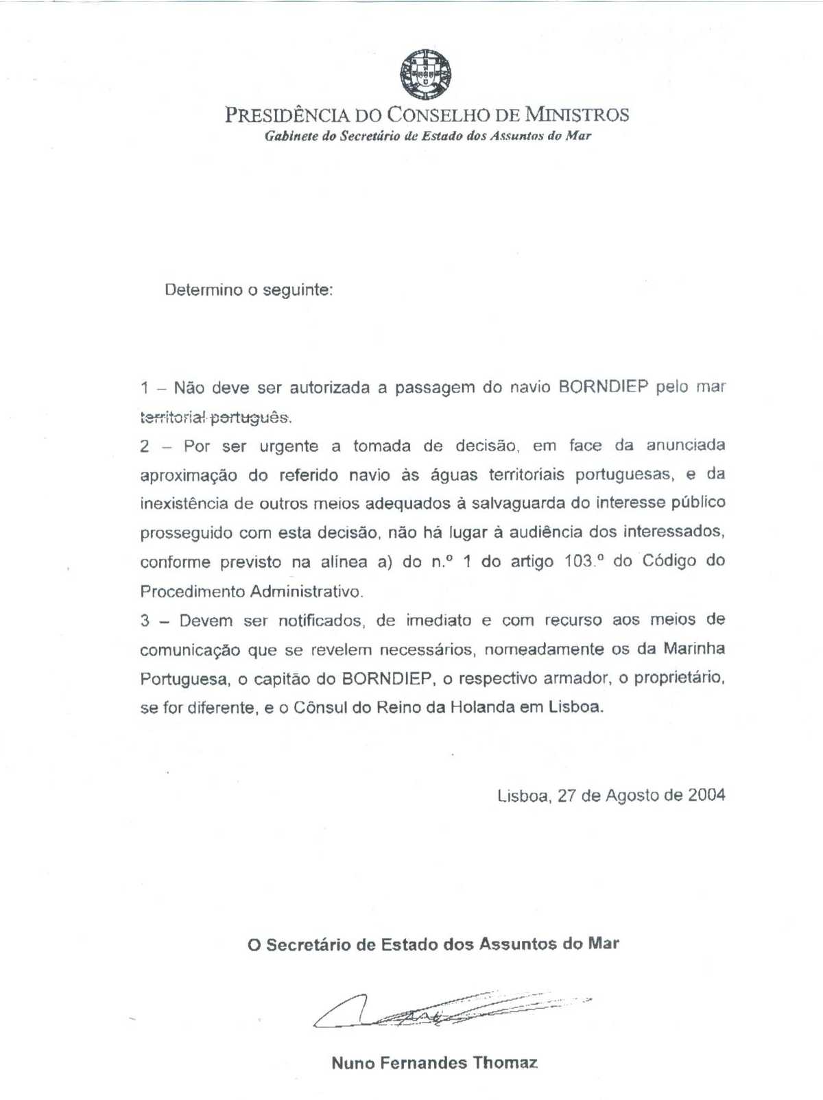 Statement nr. 0010/SEAM/2004 from the Presidency of the Council of Ministers of Portugal. Page 3