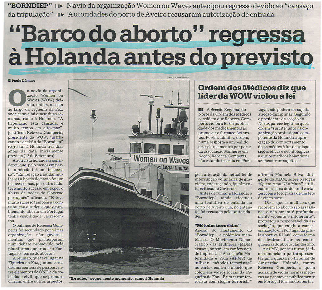 "Barco do aborto" regressa à Holanda antes do previsto