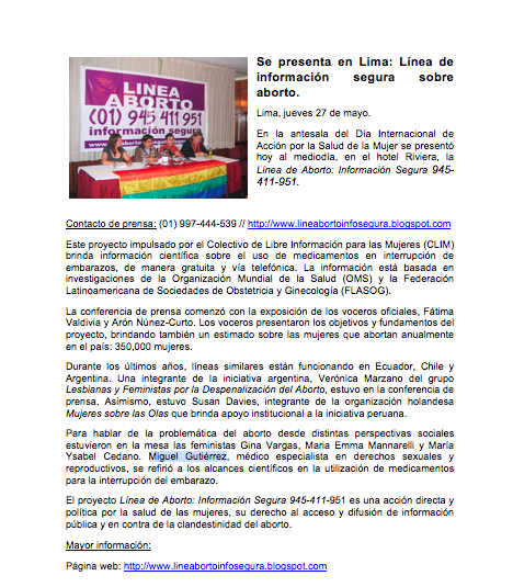Nota de Prensa, "Aborto: Información Segura"