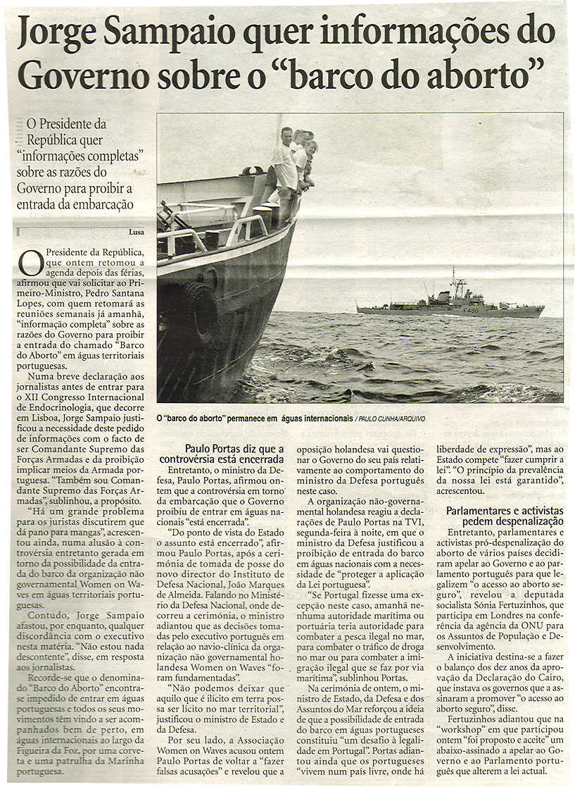 Jorge Sampaio quer informações do Governo sobre o "barco do aborto"