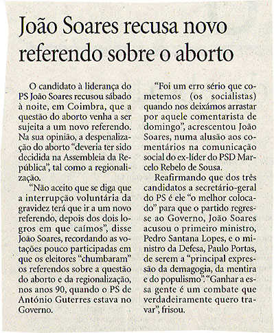 João Soares recusa novo referendo sobre  o aborto