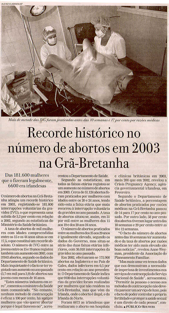 Recordo histórico no número de abortos em 2003 na Grã-Bretanha