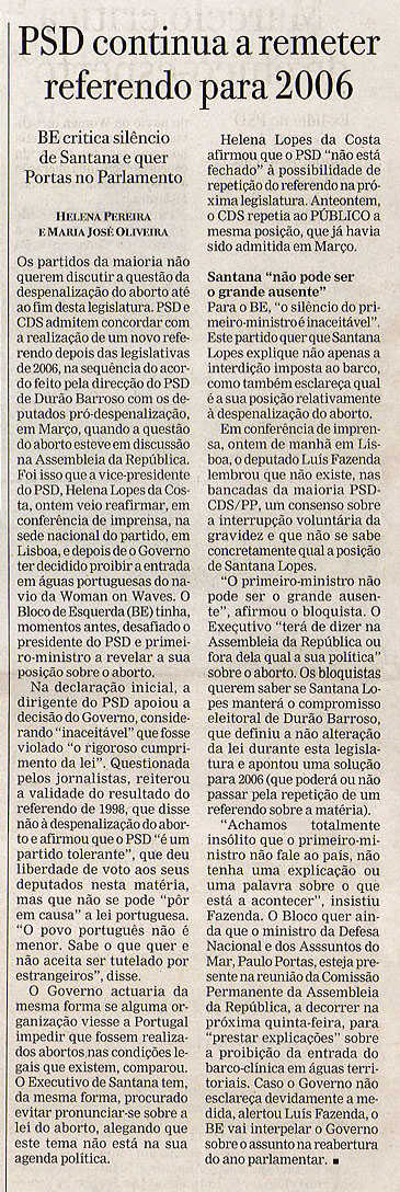 PSD continua a remeter referendo para 2006