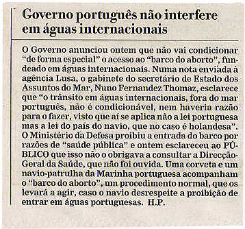 Governo portuguès não interfere em águas internacionais