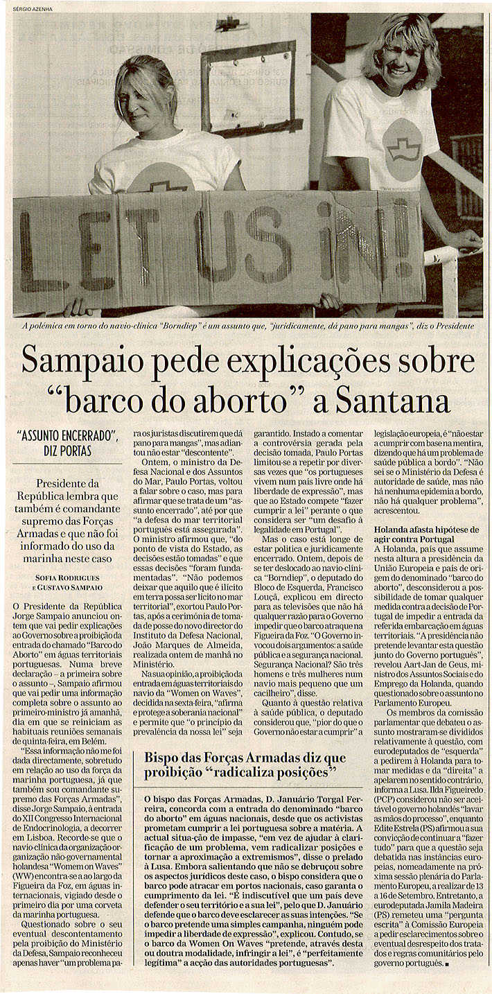 Sampaio pede explicações sobre "barco do aborto" a Santana