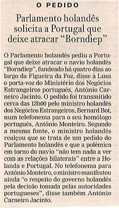 Parlamento holandês solicita a Portugal que deixe atracar "Borndiep"