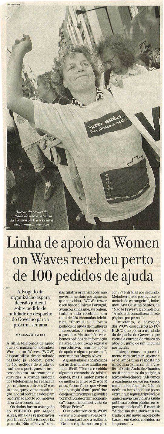Linha de apoio da Women on Waves recebeu perto de 100 pedidos de ajuda