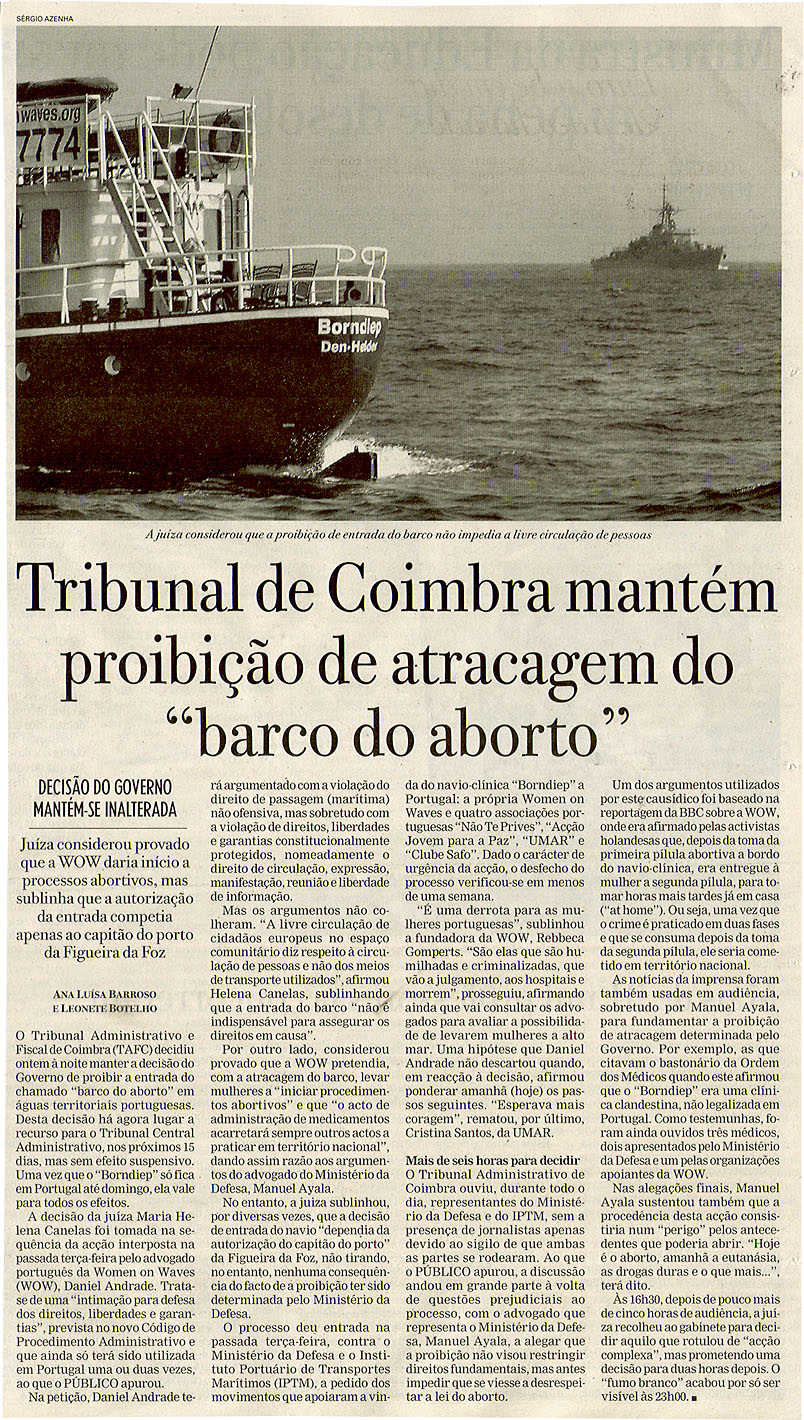 Tribunal de Coimbra mantém proibição de atracagem do "barco do aborto"