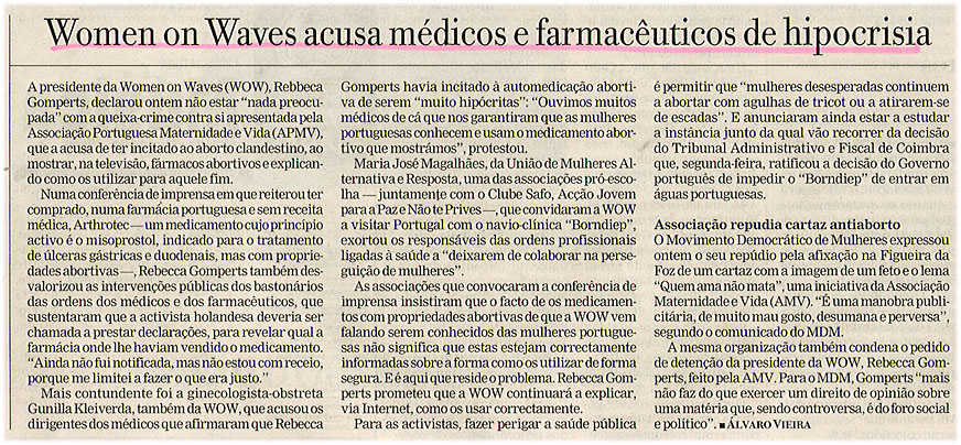 Women on Waves acusa médicos e farmacêuticos de hipocrisia