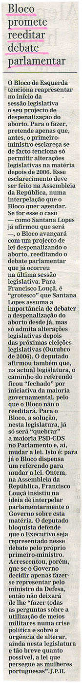 Bloco promete reeditar debate parlamentar