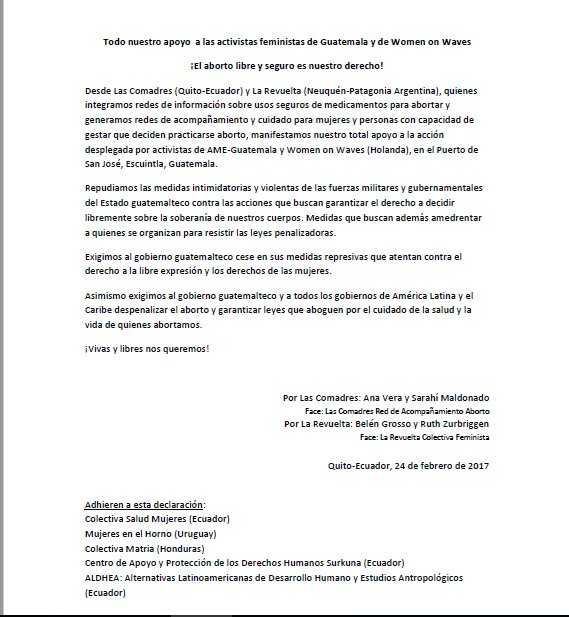 Comadres (Ecuador), La Revuelta (Argentina), Mujeres en el Horno (Uruguay), Colectivo Matria (Honduras), Surkuna (Ecuador), ALDHEA (Ecuador)