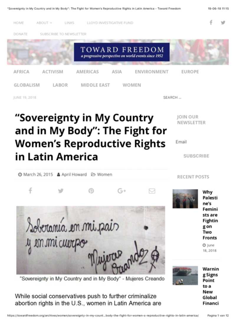 Toward Freedom Sovereignty In My Country And In My Body The Fight For Women S Reproductive Rights In Latin America Pdf Women On Waves